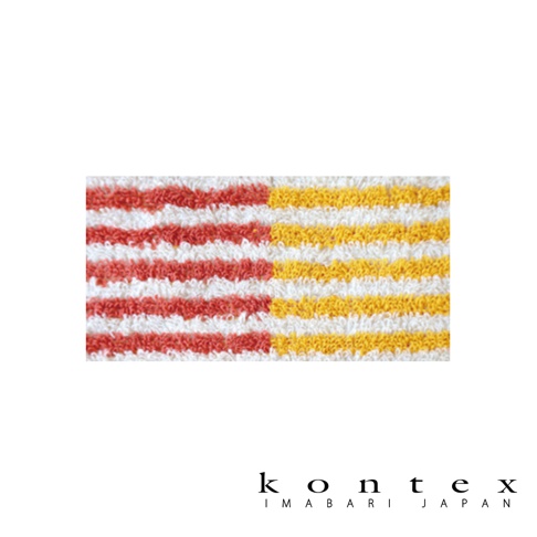 這張圖片呈現 KONTEX 今治有機棉麻迷你浴巾的局部細節，毛巾表面具有明顯的毛圈織物紋理，左半部為紅白色條紋，右半部為黃白色條紋，下方標示著 KONTEX IMABARI JAPAN 品牌字樣。