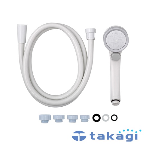 白色Shower蓮蓬頭組，包含一條白色軟管、蓮蓬頭本體（帶灰色止水按鈕），以及四個不同尺寸的白色接頭和三枚黑色/白色O型環。