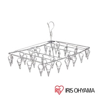 銀色不鏽鋼材質的方形曬衣架，懸掛著32個透明塑膠夾子，頂部有掛鉤。