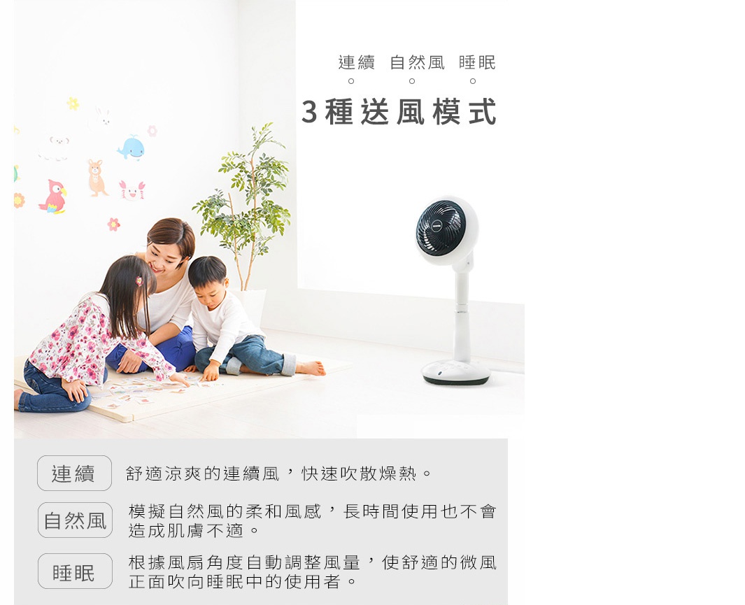 白色STF-DC15T直立式3D循環扇，圓形扇頭，黑色網罩，搭配白色底座與直立桿，營造簡潔現代感。