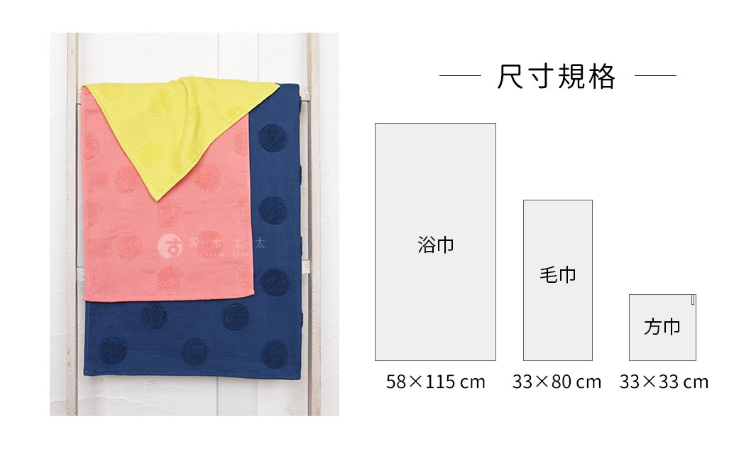 珊瑚粉色紗布浴巾與深藍色紗布浴巾，均帶有圓點紋路，上方疊放一塊黃色紗布巾。右側展示浴巾、毛巾、方巾的尺寸規格圖。