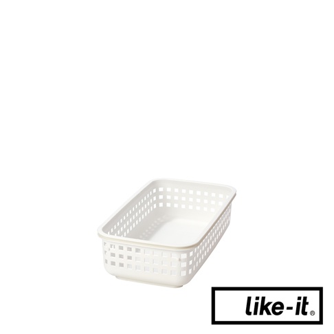白色塑膠夾縫收納籃，四面皆有方形透氣孔，底部平坦，邊緣有淺色包邊。