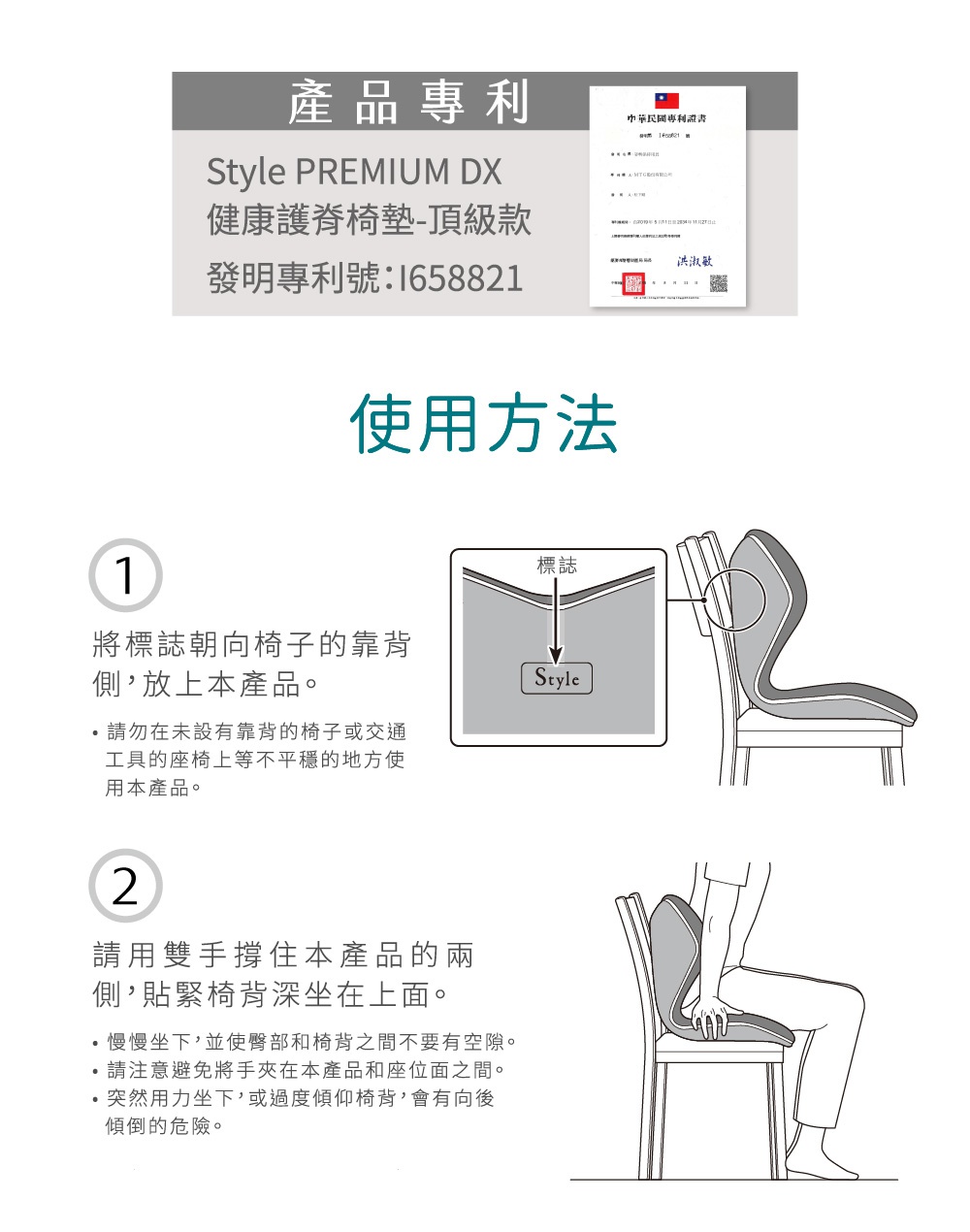 圖片文字：產品專利 Style PREMIUM DX 健康護脊椅墊-頂級款 發明專利號:1658821 使用方法 1 將標誌朝向椅子的靠背側，放上本產品。 請勿在未設有靠背的椅子或交通工具的座位上等不平穩的地方使用本產品。 2 請用雙手撐住本產品的兩側，貼緊椅背深坐在上面。 慢慢坐下，並使臀部和椅背之間不要有空隙。 請注意避免將手夾在本產品和座位之間。 突然用力坐下，或過度傾仰椅背，會有向後傾倒的