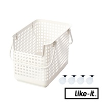 白色塑膠洗衣置物籃，具有網格狀設計與提把，附有四個白色滾輪。