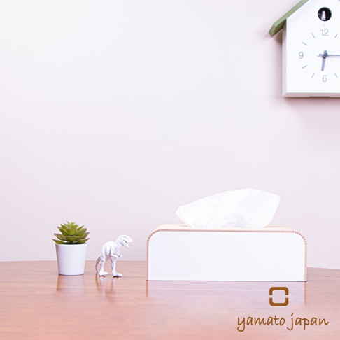 簡約白色布藝與原木質邊框結合的面紙盒，盒內露出部分白色面紙，左側有一盆綠色多肉植物和一個白色恐龍擺飾。