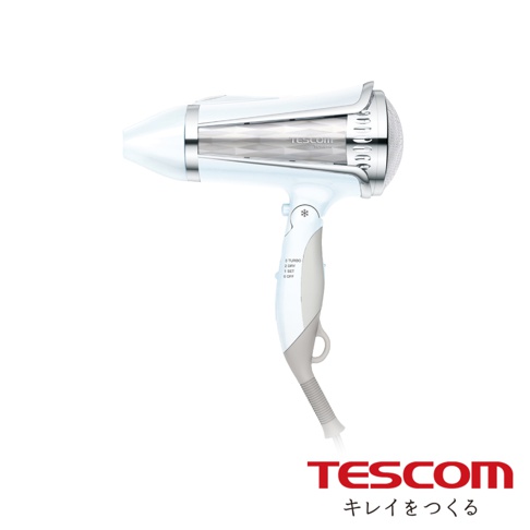 TID962 大風量負離子吹風機，白色機身，具有銀色裝飾和多段風速切換按鈕。