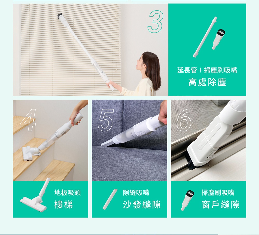 白色多功能手持無線吸塵器，展示多種吸頭與使用情境：清潔百葉窗、樓梯、沙發縫隙及窗戶縫隙。