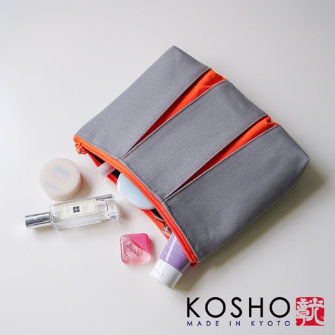 一款京都KOSHO品牌的ougi帆布化妝收納包，呈現灰橘配色與簡約結構設計，包袋處於半開狀態，周圍散落著香水瓶、乳霜罐、眼藥水與軟管狀保養品，整體畫面展現收納包與日常美妝用品的配置。