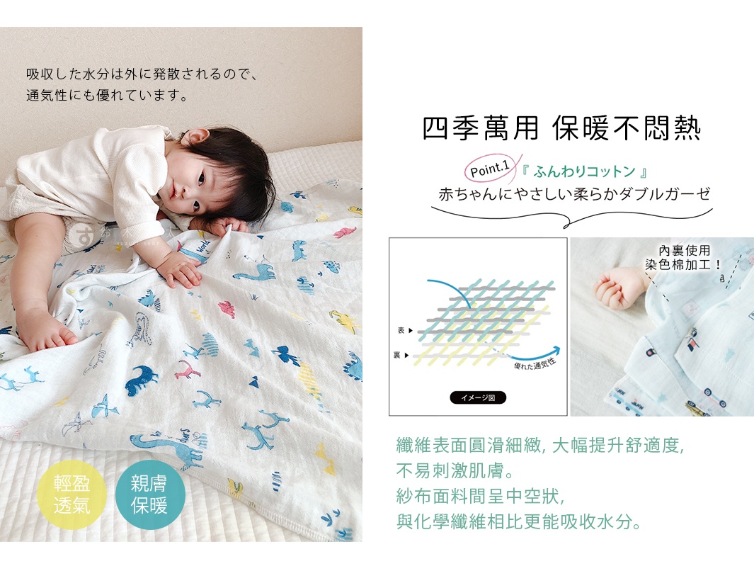 一張紗布毛巾，上面印有藍色、黃色、粉色和綠色的恐龍圖案，一旁有兩個圓形標籤，分別寫著「輕盈透氣」和「親膚保暖」。