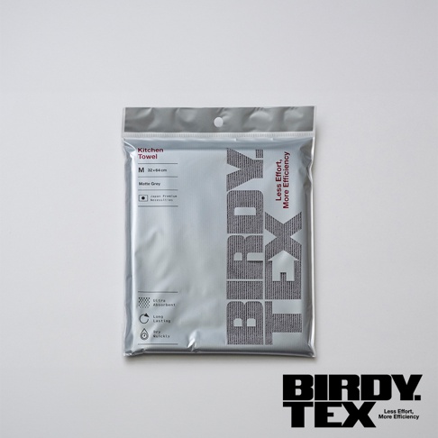 超細纖維廚房擦拭布，M尺寸，啞光灰色，包裝內為一塊擦拭布，布料質地紋理清晰，印有「BIRDY TEX」Logo及「Less Effort, More Efficiency」標語。