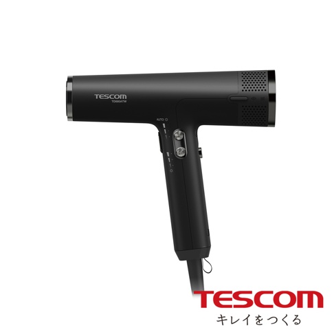 TESCOM TD880A 專業級負離子吹風機，黑色，設有兩個銀色按鈕和一個 AUTO 標示，機身簡潔，握把處有吊掛繩。