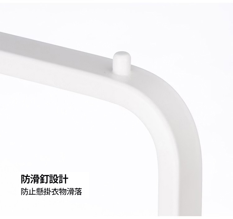 這是一個白色烤漆材質的掛衣架細節特寫，頂部設有一個圓柱狀的防滑凸起設計，用以固定衣架位置並防止衣物滑落，畫面底部文字說明該設計具有防止懸掛衣物滑落的功能。