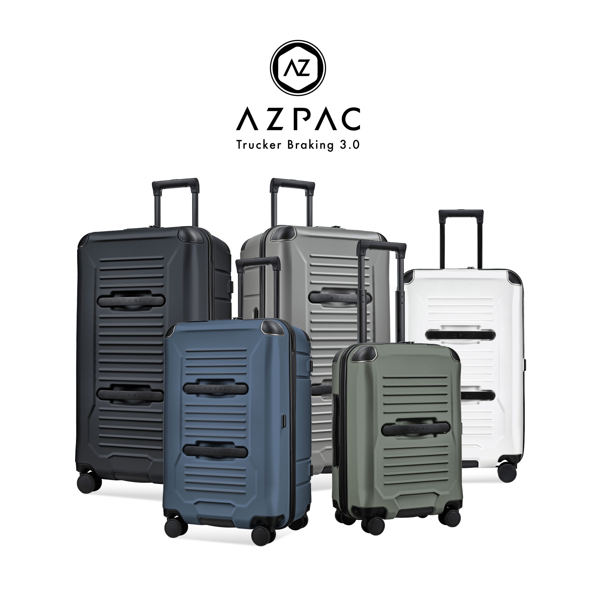 AZPAC Trucker Braking 3.0 系列行李箱展示，包含黑色、灰色、白色、藍色與橄欖綠色五種款式，各款行李箱均設計有橫向溝槽紋理與兩道橫向手把，並配備伸縮拉桿與萬向輪，整體呈現簡約現代的旅行用品風格。