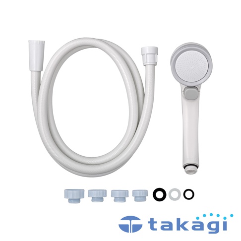 白色加壓省水蓮蓬頭與專用軟管組，附有開關按鈕，包含多種規格轉接頭及密封圈，適合各種水龍頭接口。