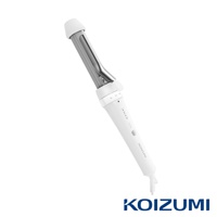 白色 KOIZUMI 電棒捲，具有銀色髮夾和白色手柄，手柄上有溫度設定和電源按鈕。