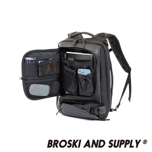 防水真皮革兩用手提後背包 LABOR mini，黑色，正面開蓋展示內部多個網袋、卡夾、手機及筆記本，底部外側設有雨傘收納袋。