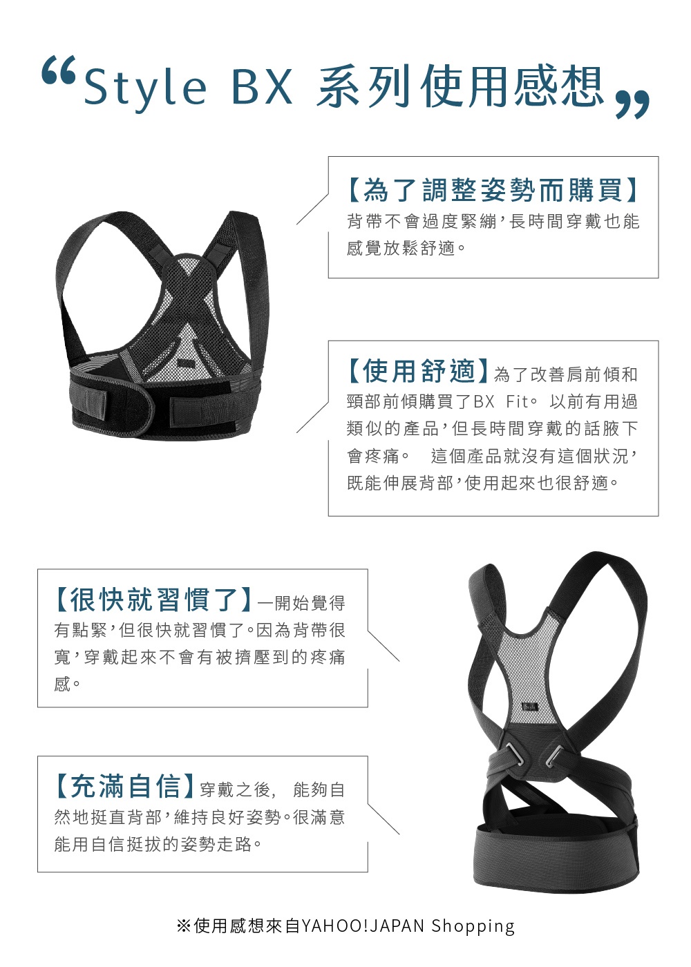 黑色透氣網布與彈性織帶製成的BX Pro美姿調整背帶，具有肩帶、背部支撐片及寬版腰帶，可調整鬆緊以改善體態。