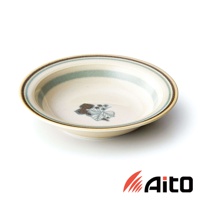 Anyware 美濃燒葉紋復古溫潤小碗，以米白色為基底，碗緣有深棕色及灰藍色條紋裝飾，碗底印有藍色葉子與漿果圖案，材質為陶瓷。