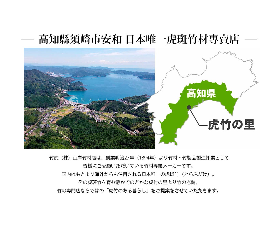 日本高知縣虎竹之里空拍景觀，綠色山丘環繞藍色海灣，點綴著村落與農田。右側為高知縣地圖，標示虎竹之里位置。