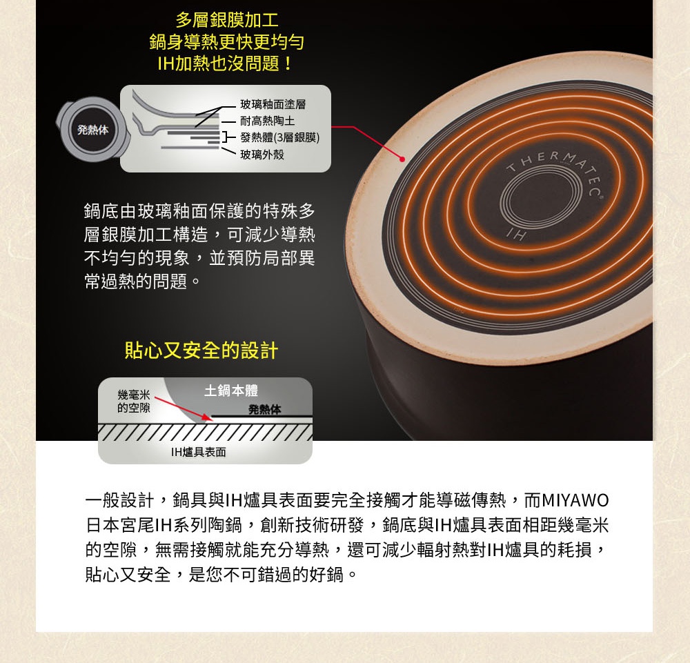 IH系列7號耐溫差洋風陶土湯鍋1.7L (藍彩富貴菊) 鍋底特寫，顯示其多層銀膜加工結構，鍋身外側為藍色調，印有富貴菊圖案。