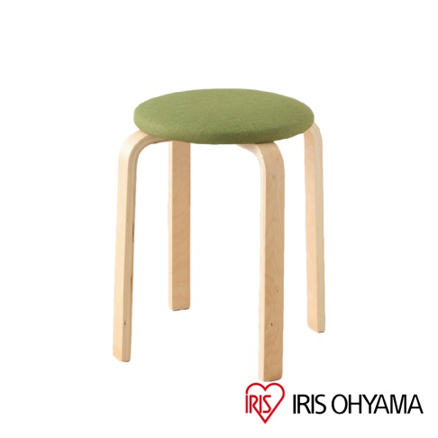 木質圓椅凳，綠色布面椅墊，四支彎曲木質椅腳。