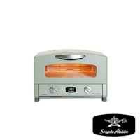 復古淺綠色多用途烤箱，配有銀色提把，玻璃門內可見加熱管與烤網。前方有兩個旋鈕和品牌標誌。