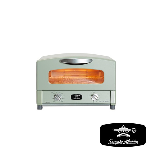 復古淺綠色多用途烤箱，配有銀色提把，玻璃門內可見加熱管與烤網。前方有兩個旋鈕和品牌標誌。