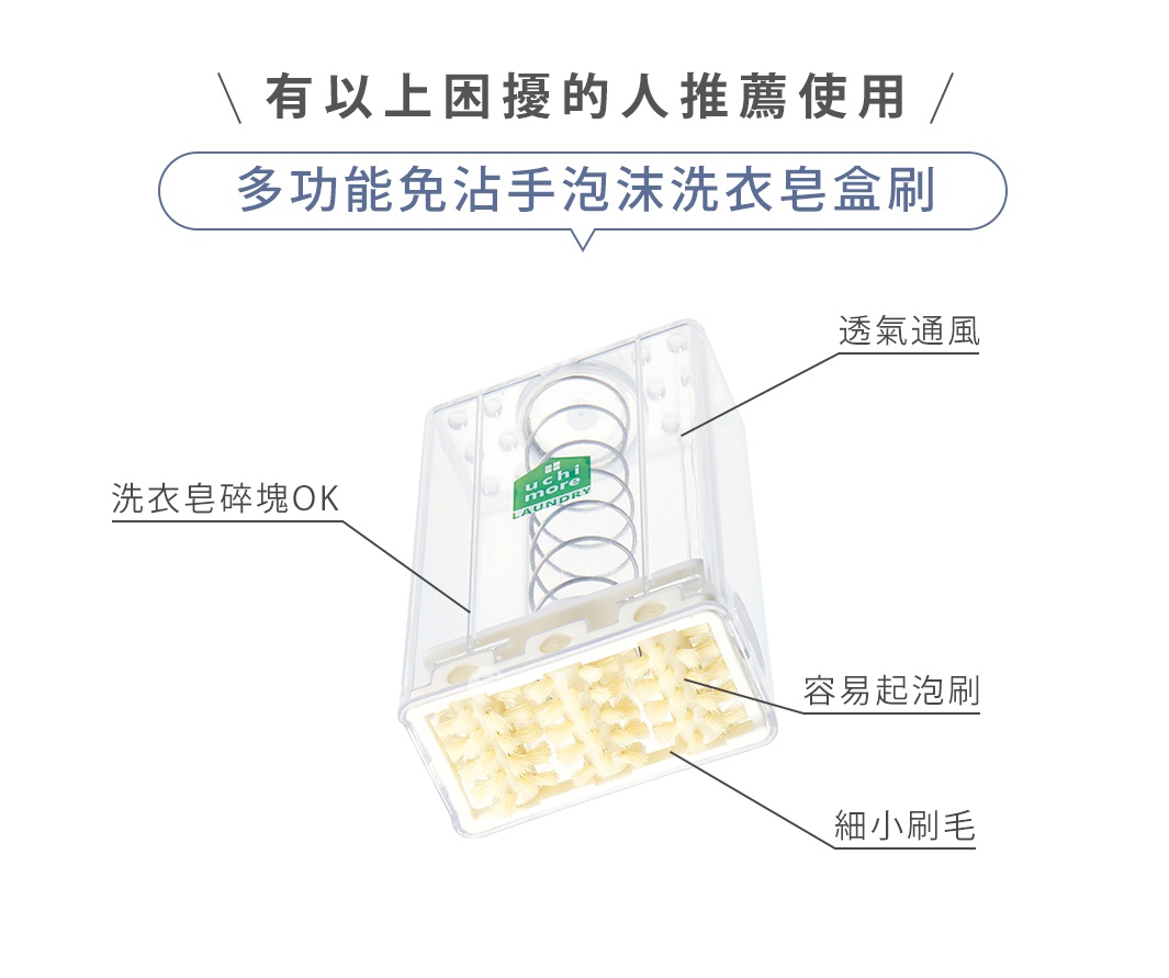 有以上困擾的人推薦使用
多功能免沾手泡沫洗衣皂盒刷


細小刷毛

容易起泡刷

透氣通風

洗衣皂碎塊 OK
