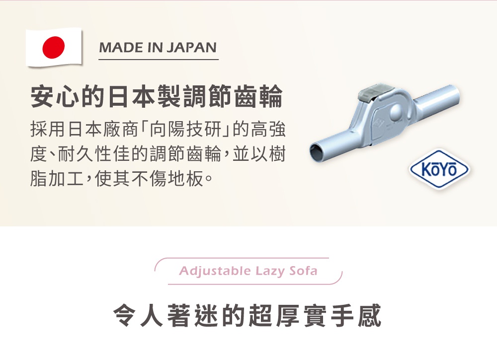 圖片文字：安心的日本製調節齒輪，採用日本廠商向陽技研的高強度、耐久性佳的調節齒輪，並以樹脂加工，使其不傷地板。令人著迷的超厚實手感。Adjustable Lazy Sofa
