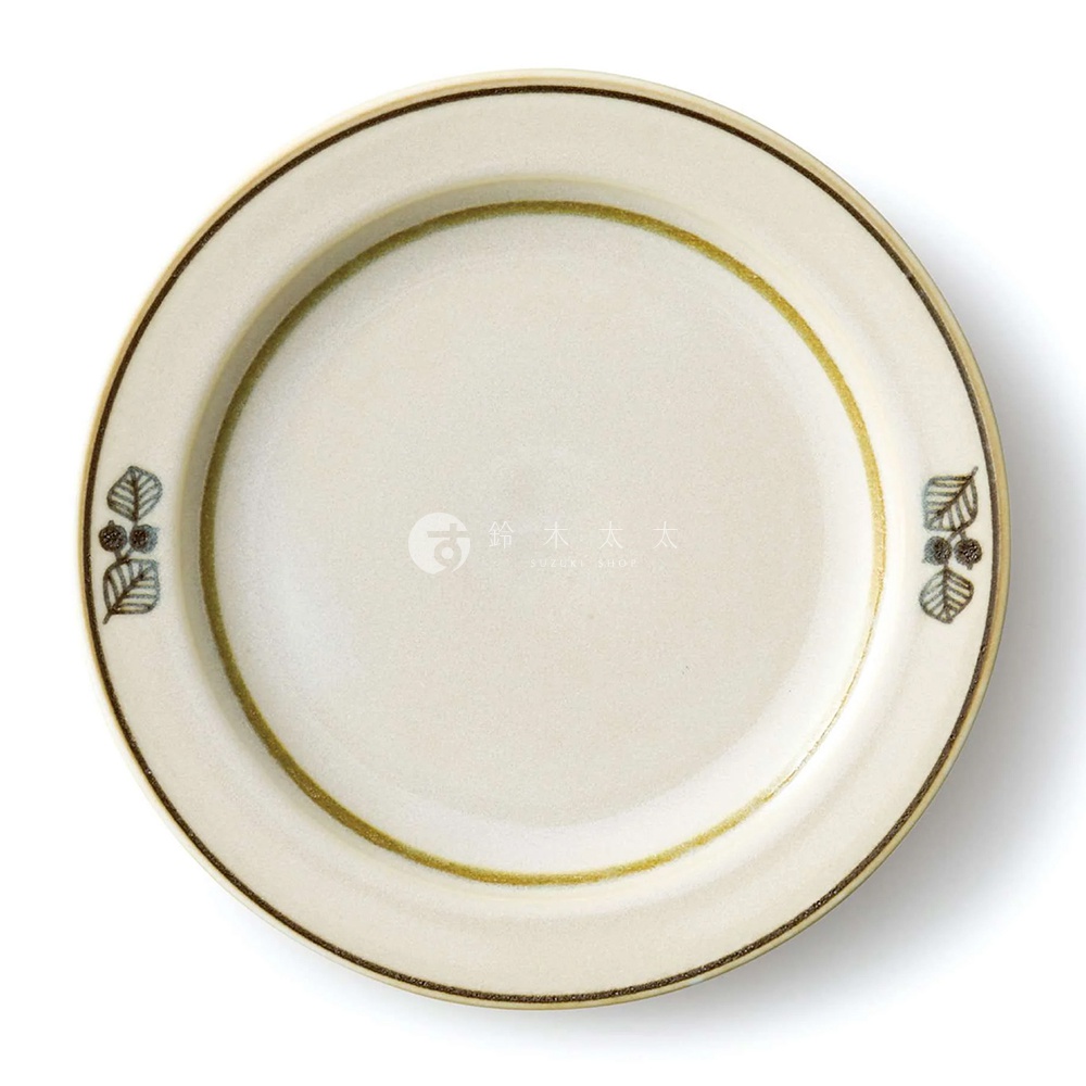 Anyware 美濃燒葉紋復古溫潤甜點盤，米白色陶瓷盤，邊緣有棕色及金黃色線條，盤面兩側有綠色葉紋裝飾。