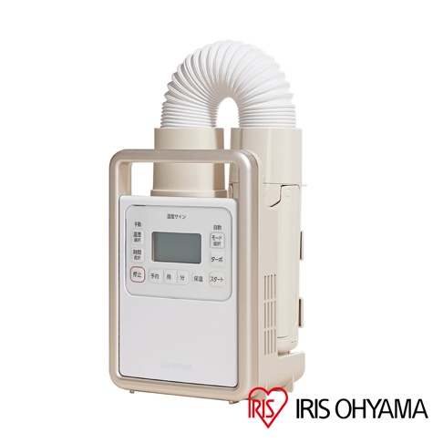 奶白色強力被褥乾燥機 KFK301，配有白色波紋軟管，機身設有顯示屏和多個日文操作按鈕，包括溫度選擇、時間選擇、停止、預約、時、分、保溫及啟動。