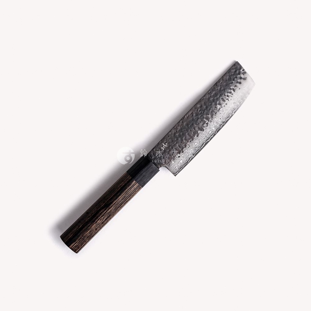 志津匠 玄 Nakiri 菜切刀 13cm 帶有錘紋鍛造刀刃和深色木柄