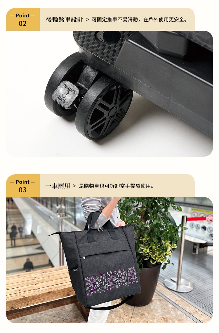 圖片文字：後輪煞車設計，可固定推車不易滑動，在戶外使用更安全。一車兩用，是購物車也可拆卸當手提袋使用。購物車袋身呈現深灰色系，表面繡有紫色花草圖案，設計簡約且具有防潑水功能，並配有堅固的黑色車輪與煞車卡榫。