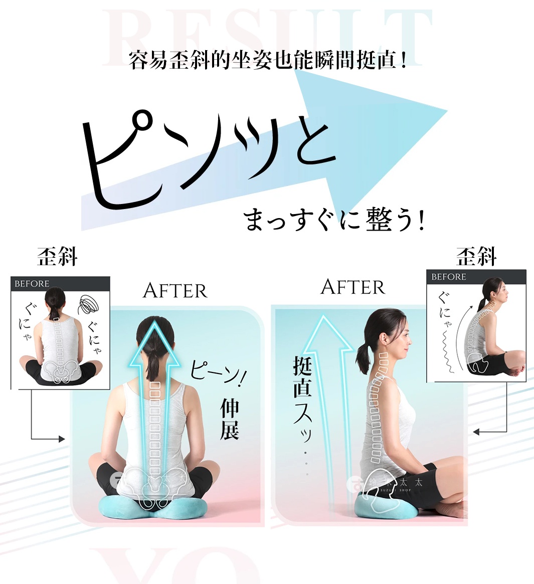 淺藍色瑜珈感舒壓美姿矯正坐墊，展示坐姿前後對比。左側為坐姿不良的「BEFORE」狀態，右側為使用坐墊後的「AFTER」挺直狀態，強調其改善駝背、調整骨盆的功效。