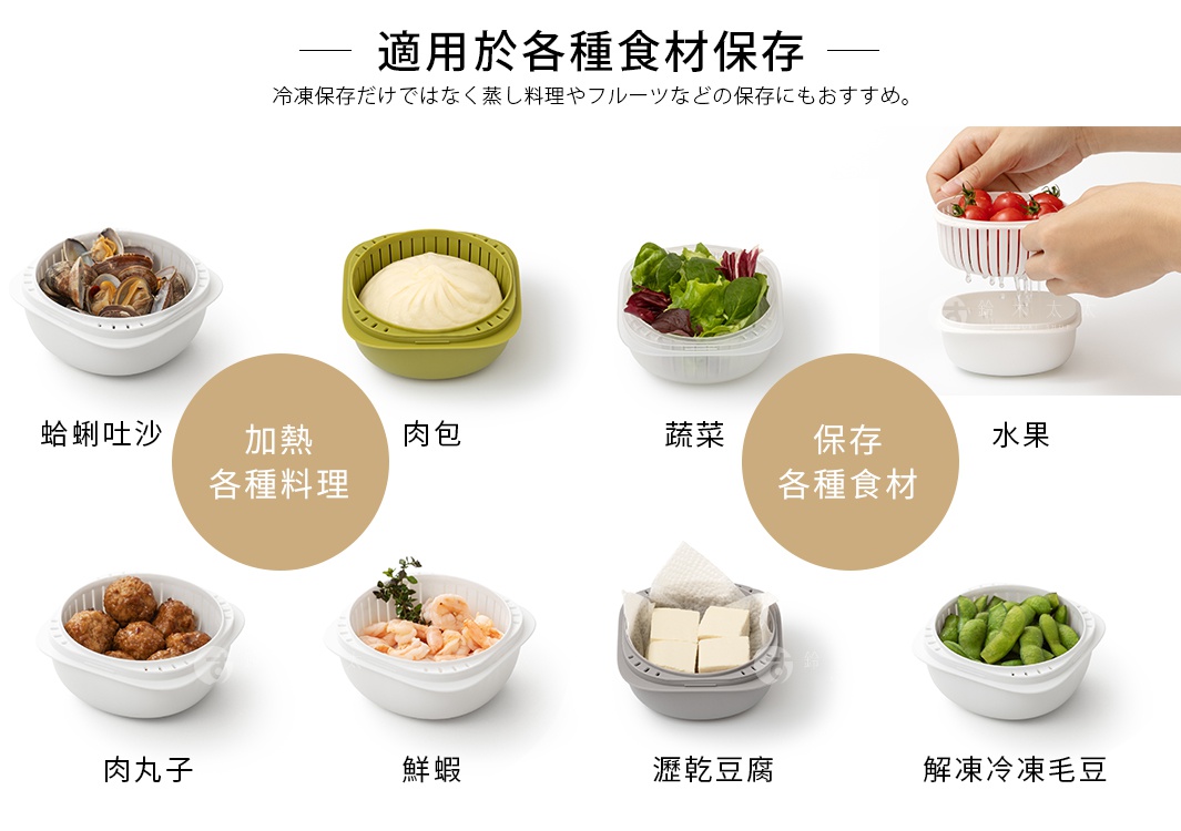 適用於各種食材保存

瀝乾豆腐水分

解凍冷凍毛豆

加熱各種料理

保存水果、沙拉

加熱肉包

冷凍保存だけではなく蒸し料理やフルーツなどの保存にもおすすめ。
