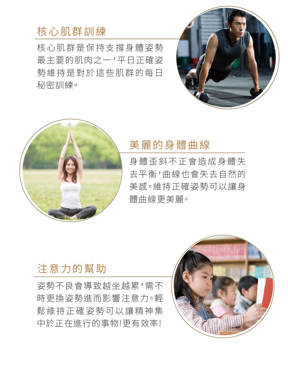 Chair DC 美姿調整座椅 立腰款，展示了男性進行伏地挺身、女性進行瑜珈伸展，以及兩名兒童在書桌前閱讀的場景，呈現良好坐姿對身心健康的益處。