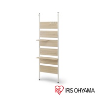 頂天立地木質收納架，白色金屬框架，搭配淺木紋層板，頂部有四個掛鉤，共四色可選。