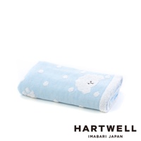 COCO醬今治純棉點點紗布毛巾，淺藍色，繡有白色可愛狗狗圖案與白色圓點，材質為純棉紗布。