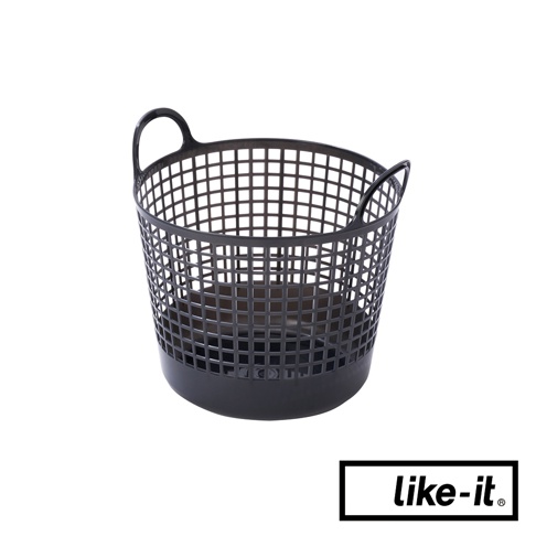 黑色塑膠圓形洗衣提籃，網格狀設計，附有兩個提把。