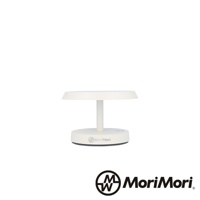 白色 LED T-Light LOUNGE 工型造型燈，具圓形底座、圓柱形燈桿及圓形燈罩，底座中央有 MoriMori 品牌標誌。