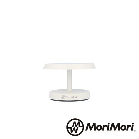 白色 LED T-Light LOUNGE 工型造型燈，具圓形底座、圓柱形燈桿及圓形燈罩，底座中央有 MoriMori 品牌標誌。