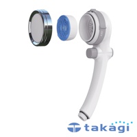 白色塑膠蓮蓬頭，帶有可拆卸的銀色金屬蓮蓬頭和藍色濾芯，展示了產品零件的組裝與拆卸。