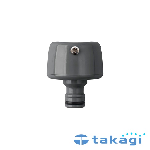 灰色 takagi 品牌四角形通用出水口水龍頭接頭，外觀採用圓柱狀設計，頂部設有一顆金屬螺絲用於固定水龍頭，底部則為標準的快接頭接口，表面附有黑色密封橡膠圈，整體呈現簡約的工業設計風格。