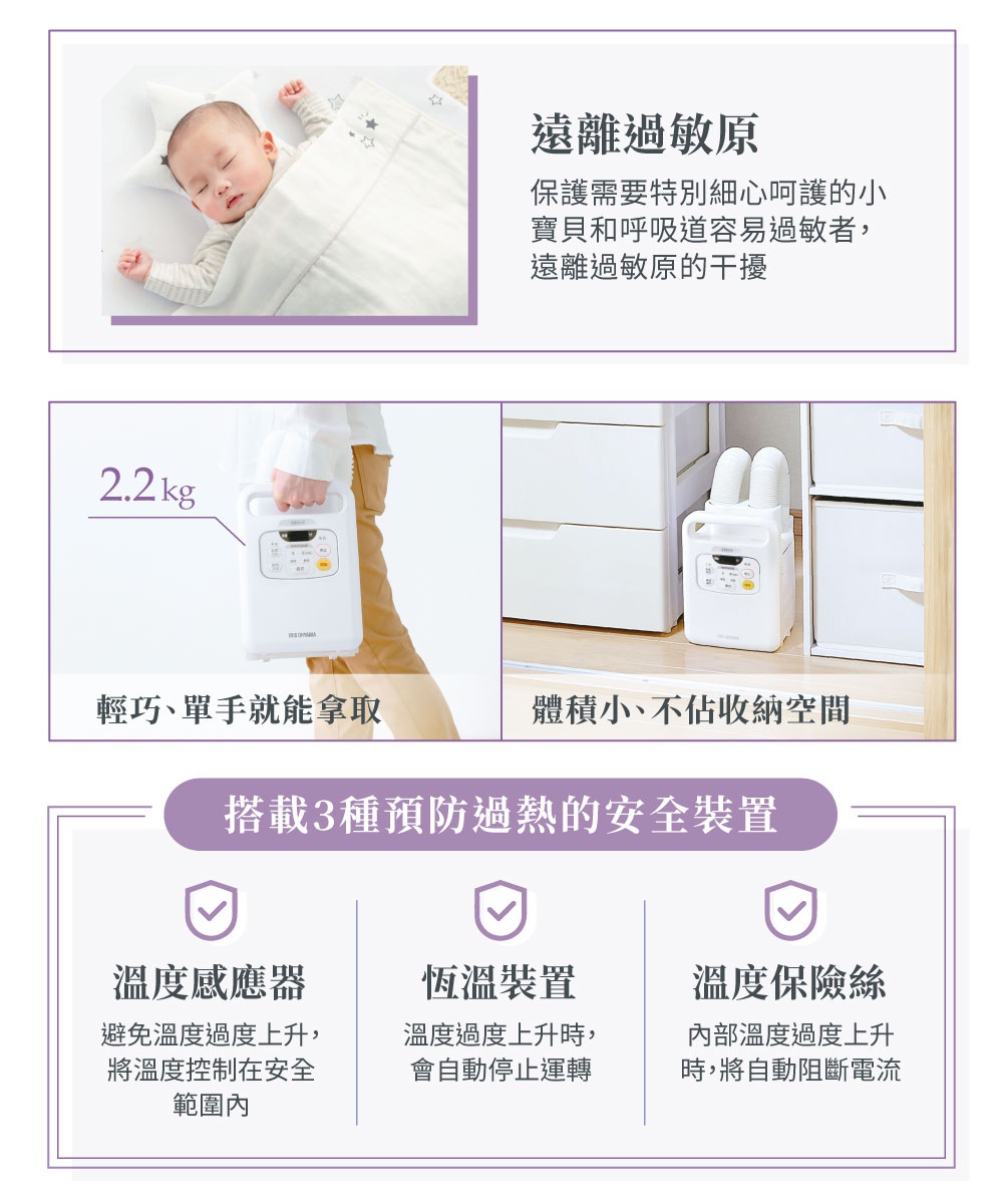 白色雙筒強力烘被機 FK-W1，機身設有操作面板，附有兩個可伸縮的烘乾管，輕巧設計方便單手攜帶，體積小巧不佔空間，可輕鬆收納於櫥櫃旁。