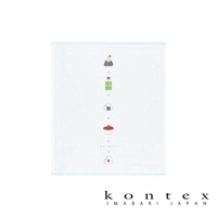 白色二層紗紗布巾，印有日式食物圖案，包括飯糰、綠色抹茶瓶和紅蓋碗。