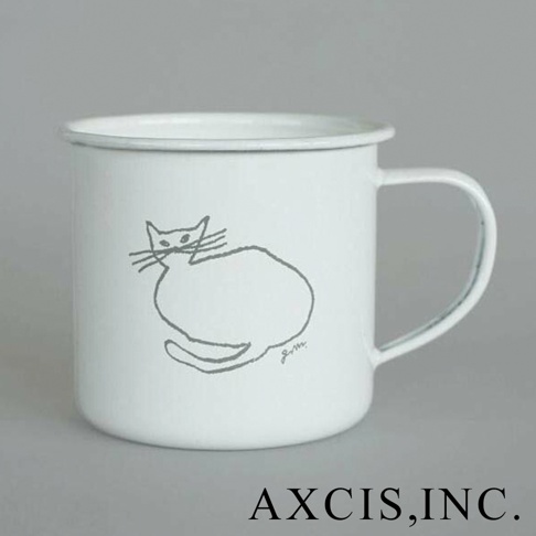 白色琺瑯馬克杯，杯身印有灰色線條勾勒的貓咪圖案，杯緣有細邊裝飾，配有同色系的把手。