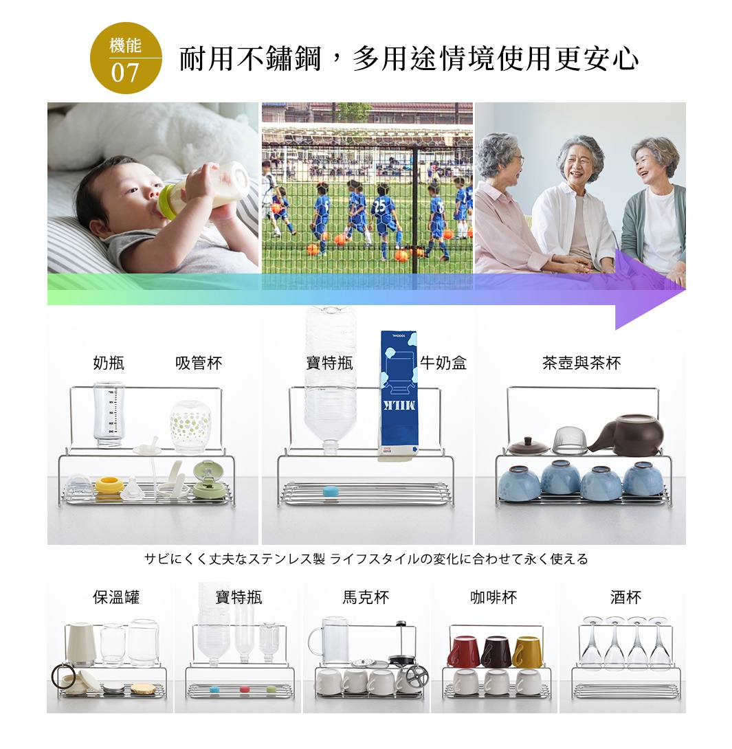 逸品物創 多功能不鏽鋼雙層瀝水架，展示了不同尺寸和用途的容器，包括奶瓶、吸管杯、保溫罐、茶壺茶杯、馬克杯、咖啡杯和酒杯。