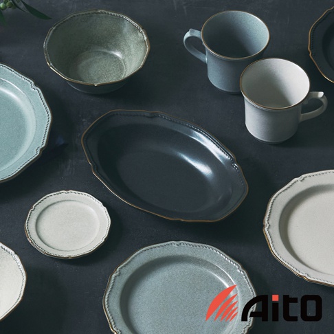 Aito Stitch 美濃燒金彩浮雕橢圓深盤，搭配同系列碗、盤及馬克杯，呈現質感餐桌佈置