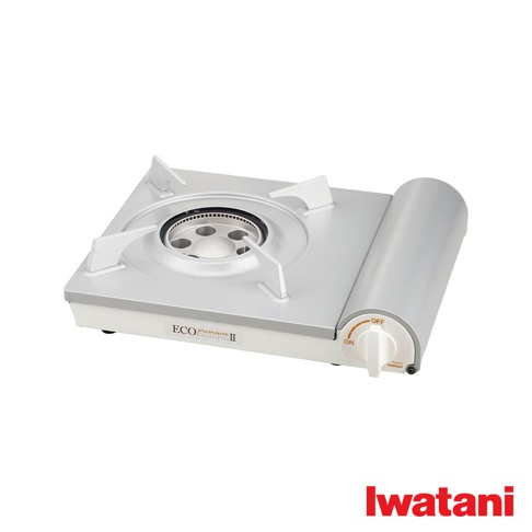 銀色節能高效瓦斯爐Eco Premium II，爐面為金屬材質，帶有白色旋鈕開關，標示ON/OFF。