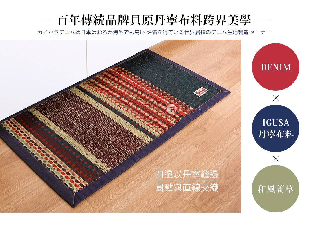RALPH 藺草和風居家地墊 M，深藍色丹寧布邊，以紅、棕、綠、米色條紋及圓點圖案編織而成，材質為藺草。